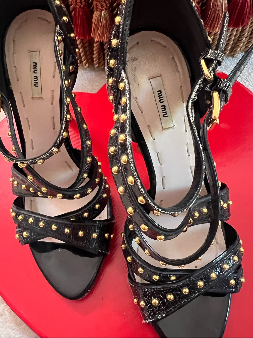 Miu Miu Black Crackled Leather Studded Strappy High-Heel Sandals ā¤ļøāš„ - Picture 7 of 16